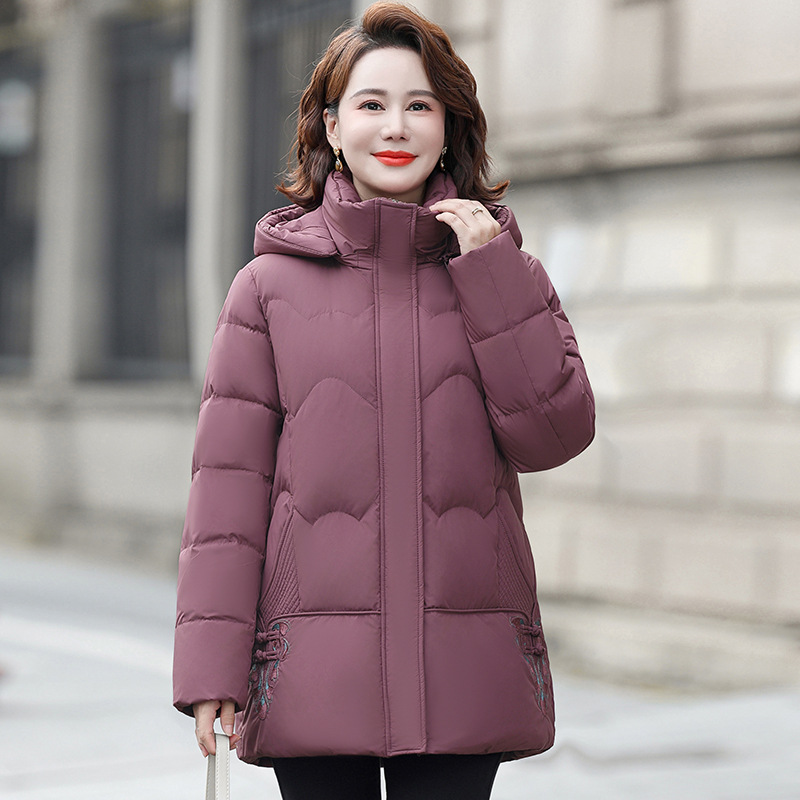 冬季新款2024中长款羽绒服中年妈妈款白鸭绒加厚宽松连帽外套