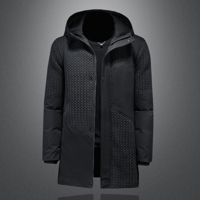 欧货2024秋冬装新款男士高品质中长款麦穗拼接连帽羽绒服保暖外套