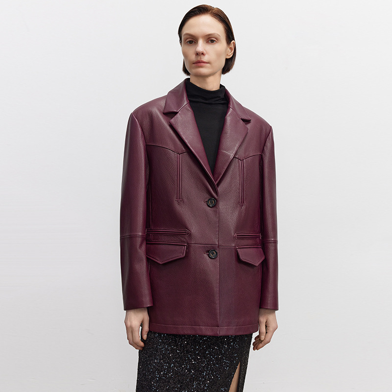 真皮皮衣外套女山羊皮高端气质皮西装荔枝纹宽松海宁春季新款