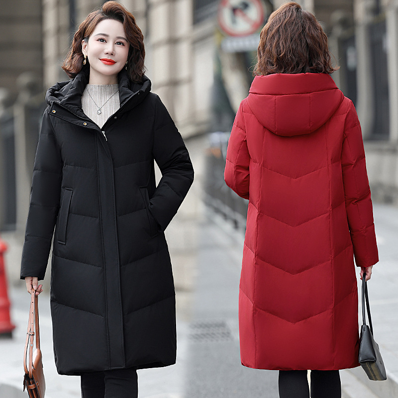 羽绒服女中长款妈妈装宽松显瘦连帽大码白鸭绒中老年冬季外套