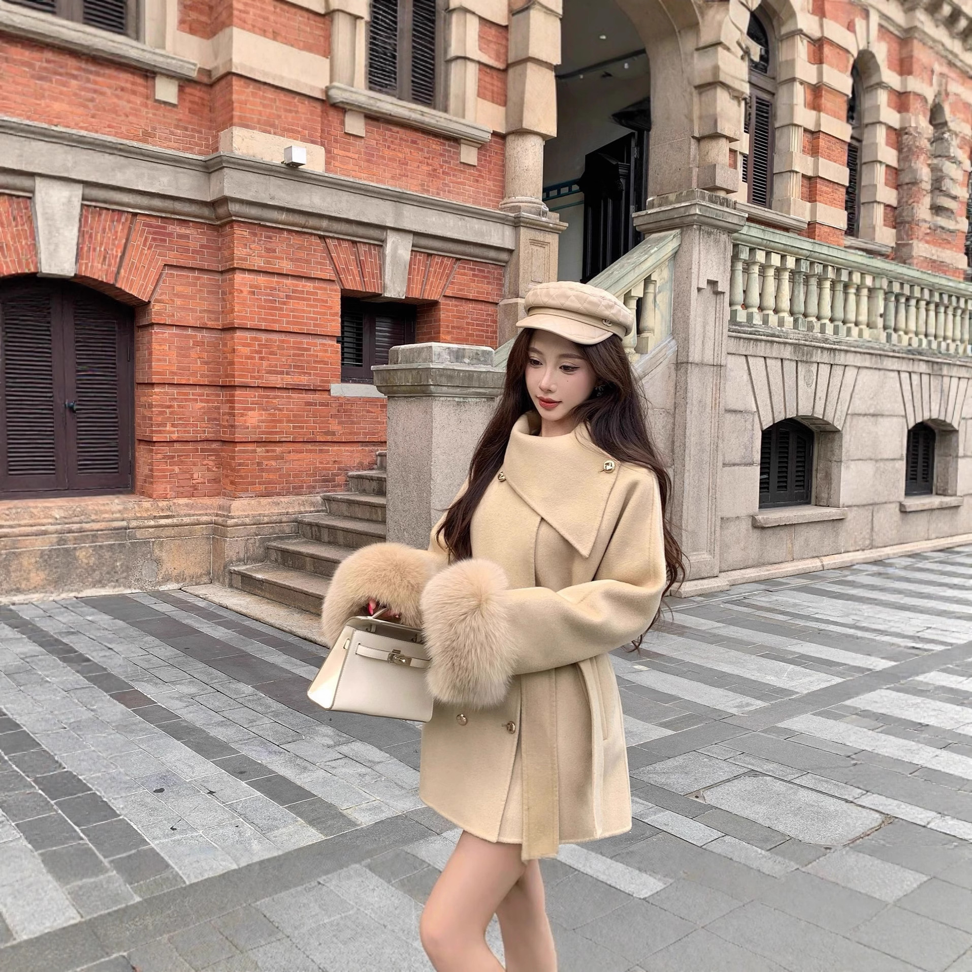 赫本序章秋冬新款狐狸毛双面羊绒大衣女韩系千金风羊毛呢皮草外套