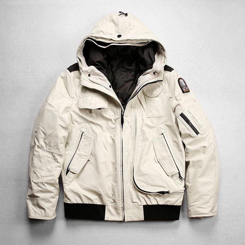 可拆卸内胆连帽真皮羽绒服男多功能休闲运动登山滑雪服黄牛皮皮衣