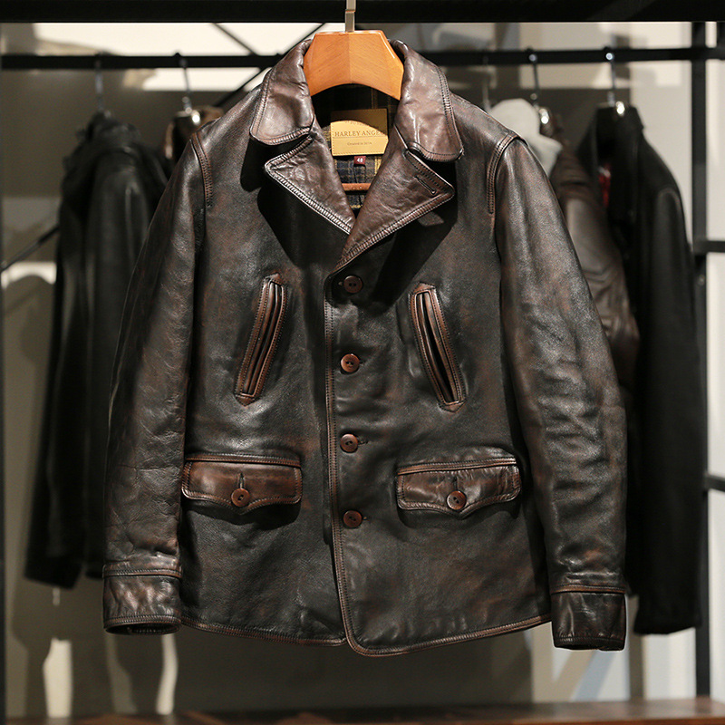 美式调度员马皮皮衣水洗做旧翻领短款复古阿美咔叽真皮机车夹克