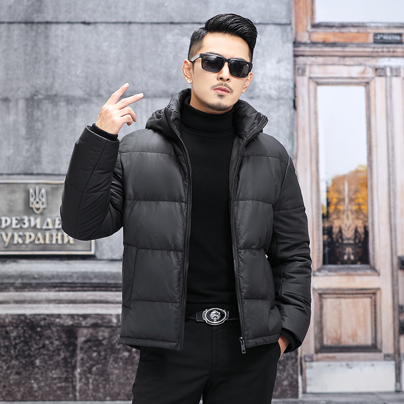 工厂2024新款牛皮羽绒服脱卸帽真皮皮衣男短款皮夹克硬朗风范