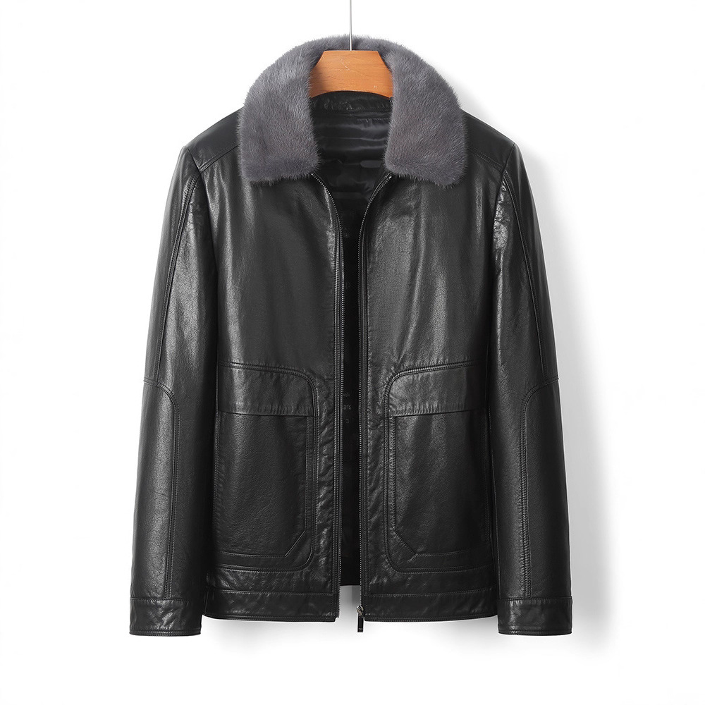 油蜡皮真皮皮衣男头层牛皮羽绒内胆皮毛一体秋冬短款中老年皮夹克