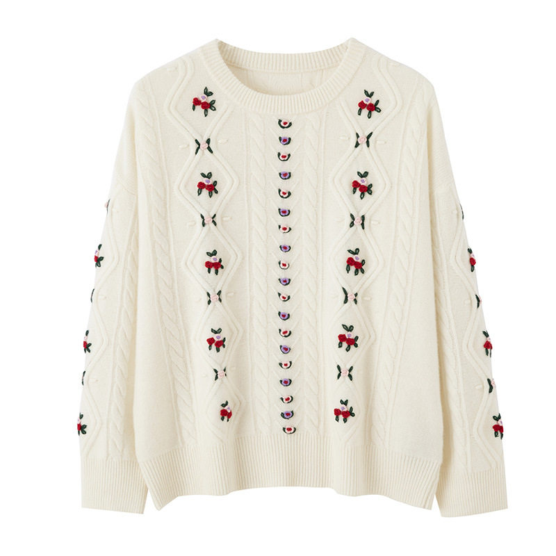 推荐2023秋冬新品100山羊绒衫女圆领重工提花针织衫毛衣