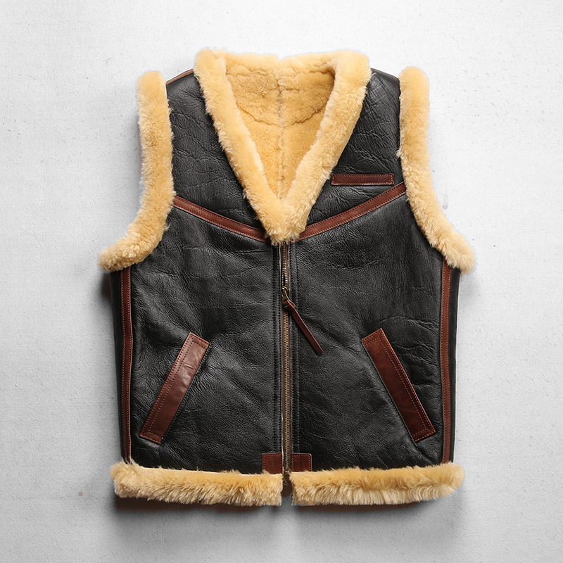 美式二战空飞皮毛一体马甲男阿美咔叽V领休闲绵羊皮马甲