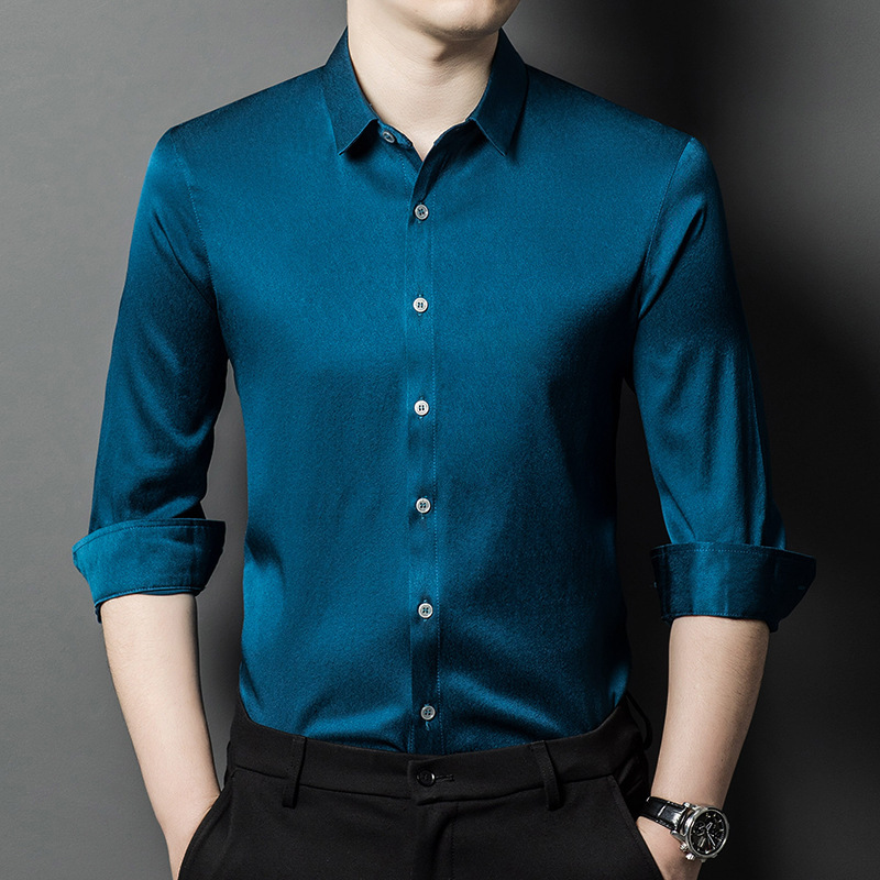 新款桑蚕丝男式衬衫春秋长袖中青年休闲纯色翻领真丝爸爸装男衬衣
