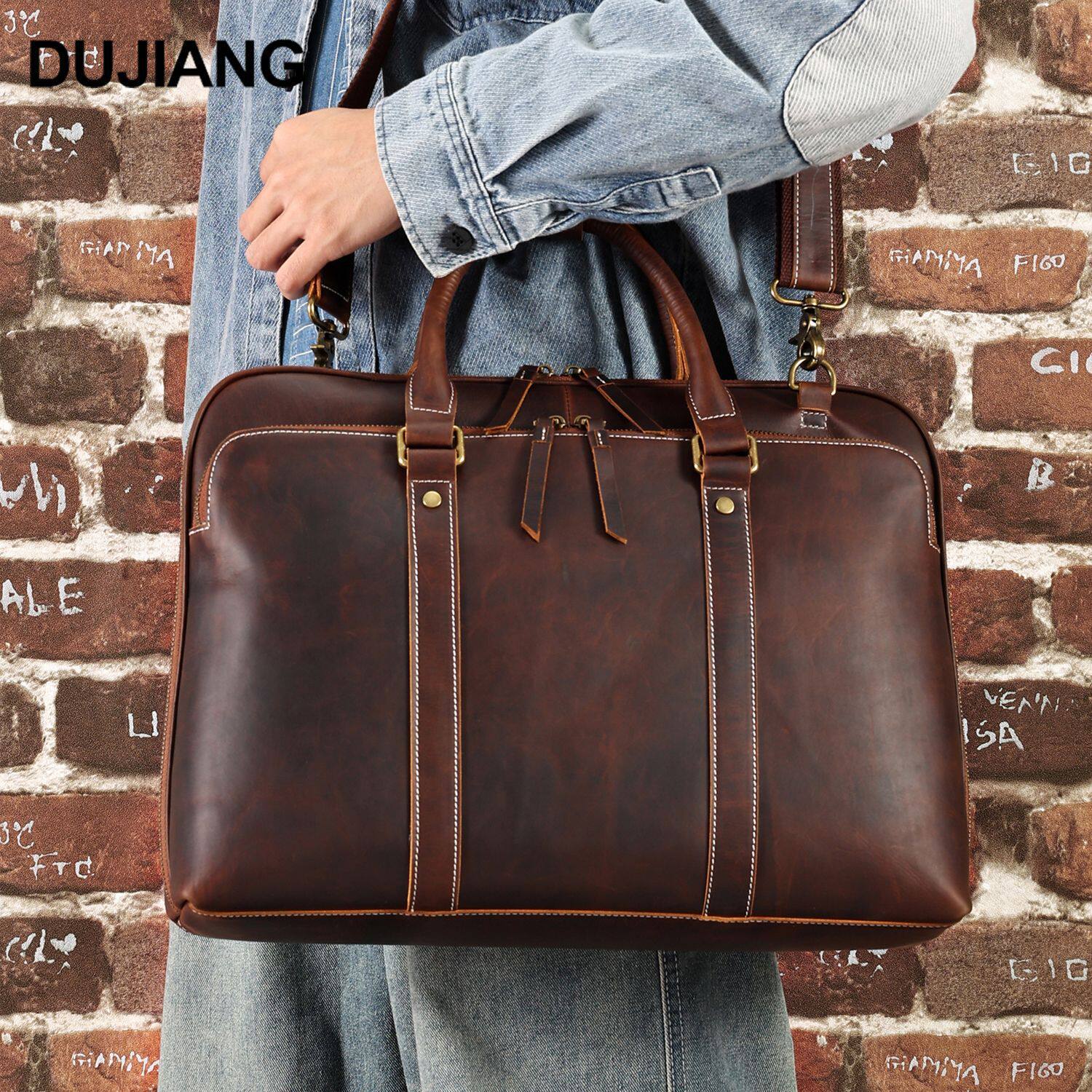 头层牛皮真皮公文包复古商务通勤单肩包斜挎包多功能男士手提包