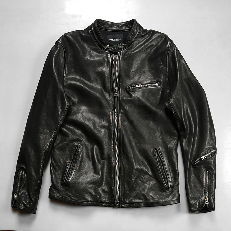 立领休闲机车真皮皮衣男 春秋涂水染水洗褶皱植鞣绵羊皮夹克