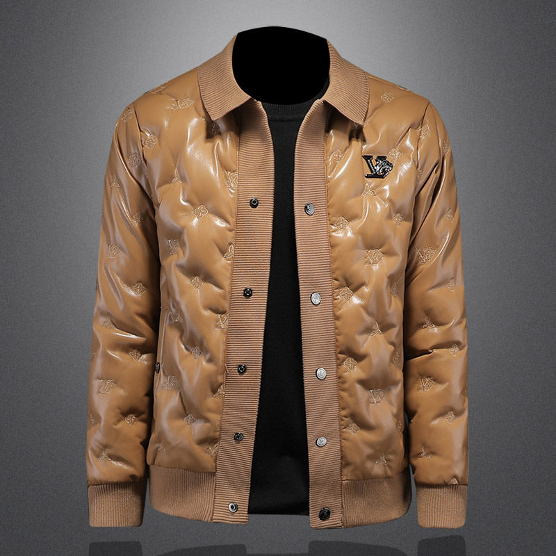 欧洲站2023冬季新款PU皮羽绒服高端男士90白鸭绒翻领休闲大码外套