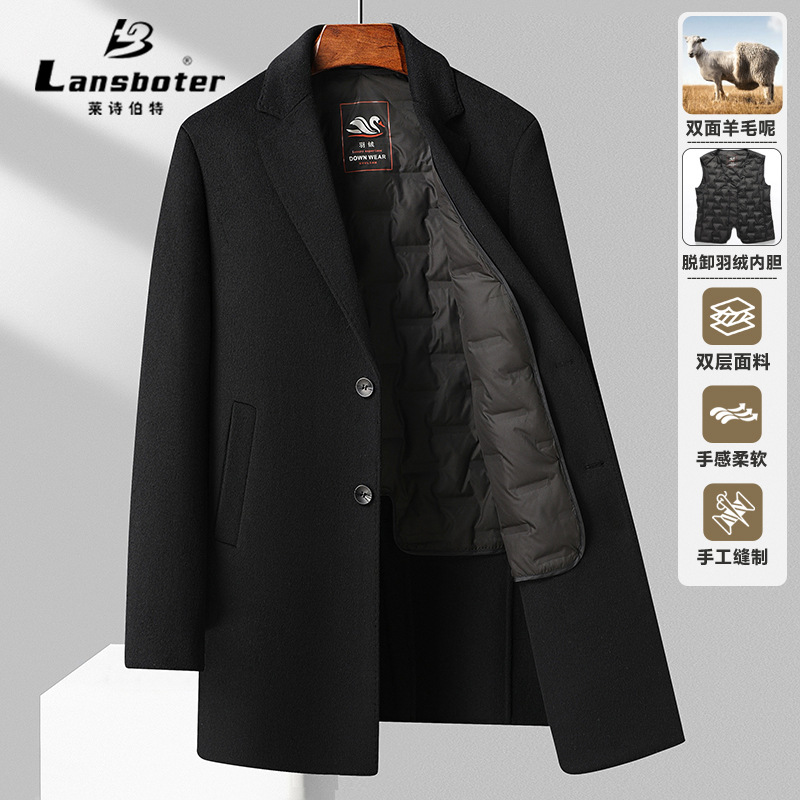2025秋冬加厚双层双面呢羊毛大衣男士中长款羽绒内胆外套大码男装