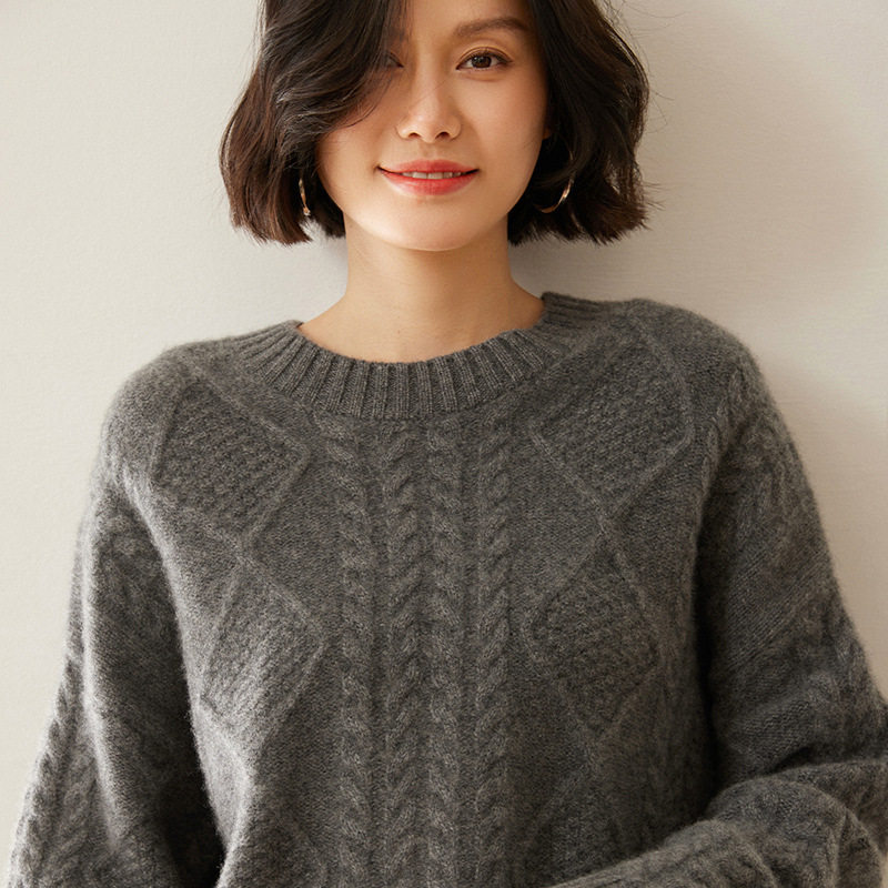 秋冬新款100%纯山羊绒重工麻花羊绒衫时尚百搭圆领针织套衫女打底