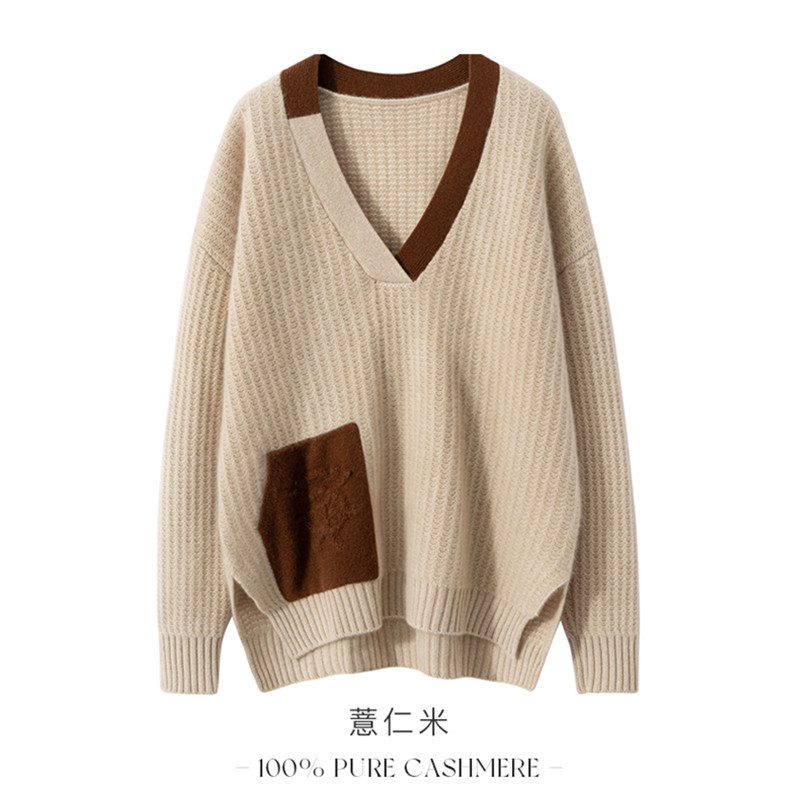 简约而不简单~！2024秋冬新款100%纯山羊绒衫女套头V领时尚宽松