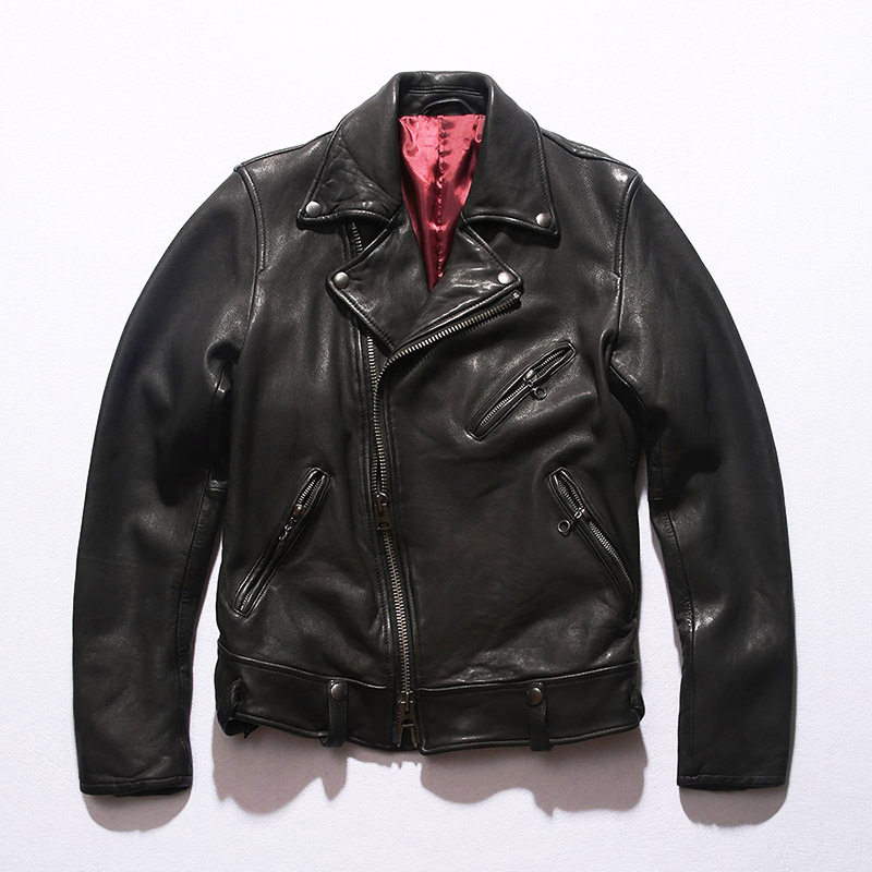 真皮皮衣男女春秋新日系斜拉涂水染植鞣水洗头层绵羊皮机车夹克