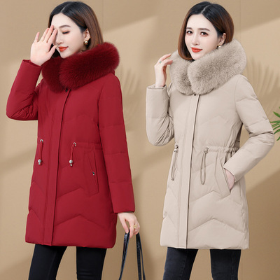 中年妈妈羽绒服女中长款2024冬装新款中年加厚洋气束腰真毛领外套