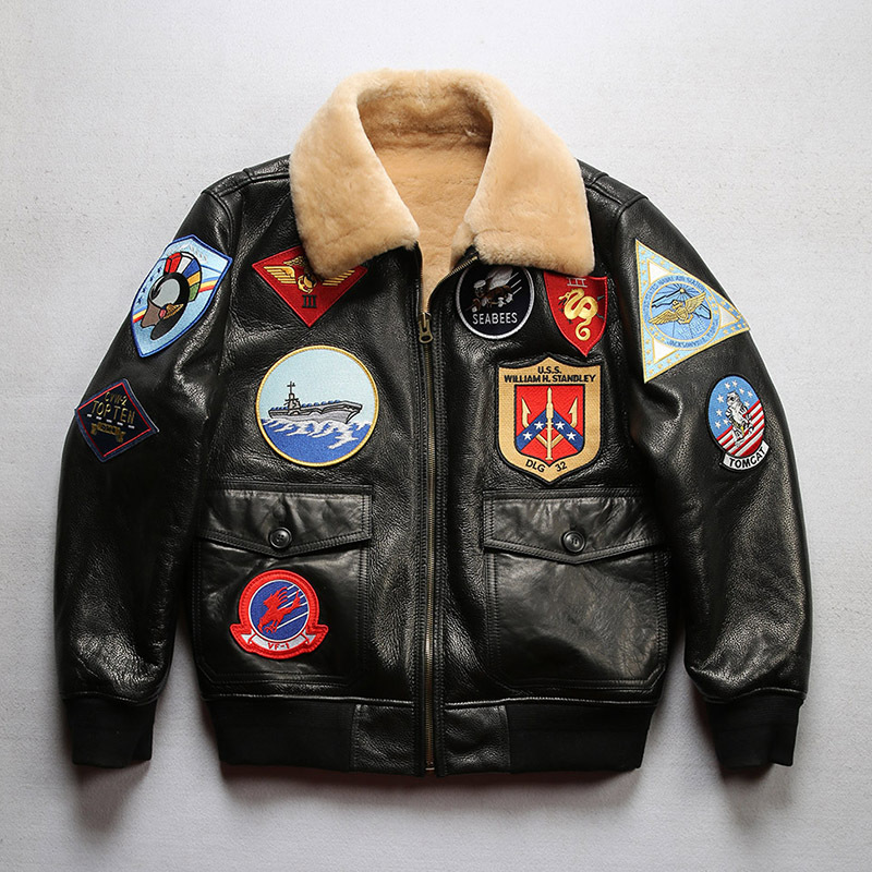 壮志凌云飞行员皮毛一体夹克男汤姆多标加肥加大码号绵羊皮毛一体