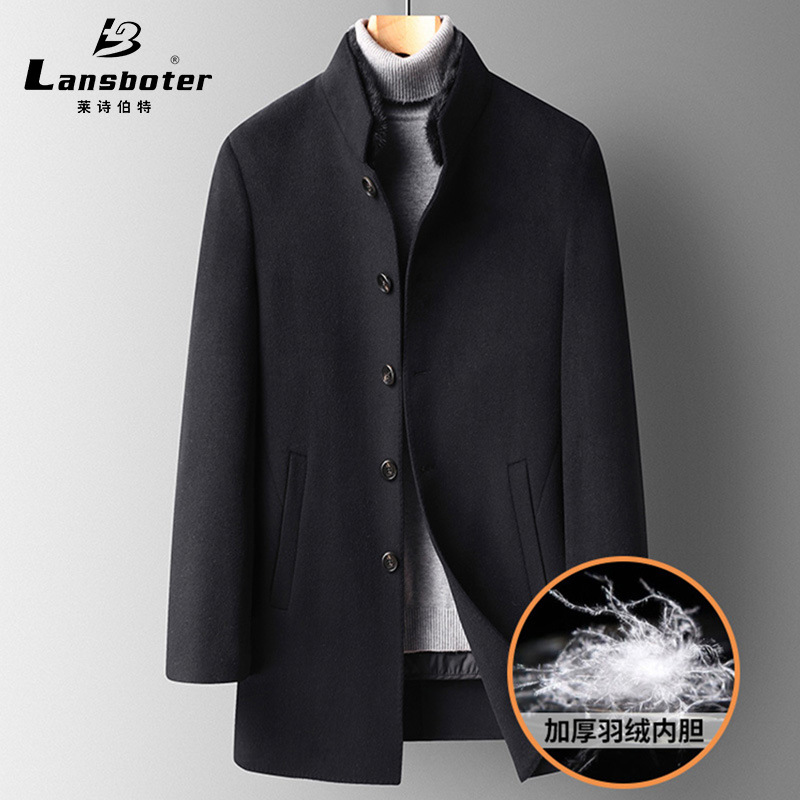 100羊毛水貂领脱卸羽绒内胆双面呢大衣男士 中长款羊毛大衣男外套