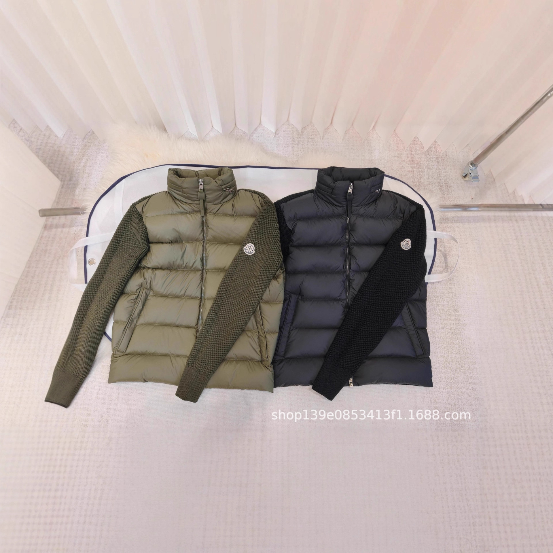 in米兰潮牌彩条拼接领口男女针织拼接薄羽绒服休闲通勤夹克外套