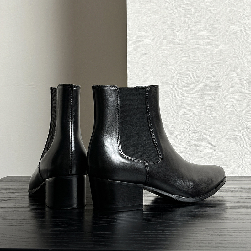 一件增高6m厚底切尔西靴男全头层牛皮大头英伦黑色短靴