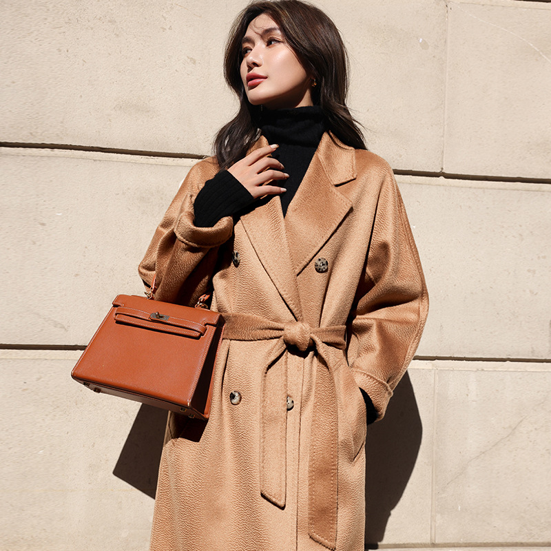 水波纹双面羊绒大衣女M家中长款2022秋冬年新款驼色羊毛呢外套