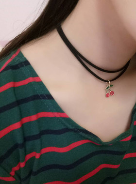 新款韩版双绳锁骨链黑色鹿皮绳项圈樱桃吊坠黑珠子学生短款项链女