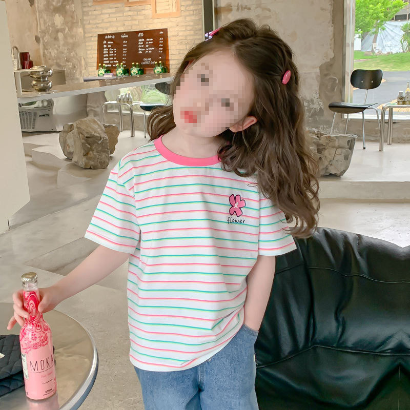 2026款1纯棉多巴胺复古条纹短袖T恤女款圆领宽松彩条刺绣上衣
