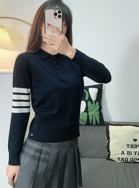 新款2025春秋打底衬衫女polo领蓝色毛衣修身显瘦tb针织衫翻领上衣