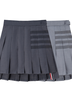 tb百褶裙女高腰显瘦条纹a字短裙2025新款春夏灰色学院风不规则裙