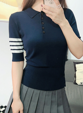 tb冰丝打底衫新款藏蓝色薄针织短袖女条纹翻领上衣polo衫显瘦夏季