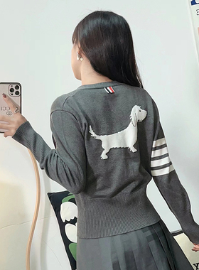 春秋季新款tb开衫女提花小狗V领灰色针织毛衣女长袖上衣短款外套