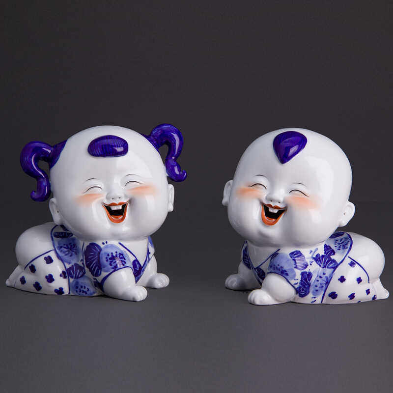 青花瓷景德镇陶瓷中国风娃娃摆件新中式家居玄关客厅书房装饰礼品