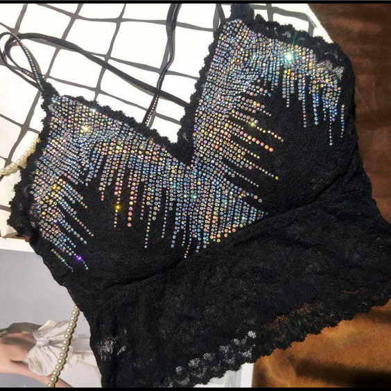 黑色白色女士亮钻 带胸垫加钻吊带背心 美背交叉带烫钻内衣