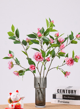 仿真2叉山茶花多头茶花高枝假花仿真花摆件家居酒店婚庆软装