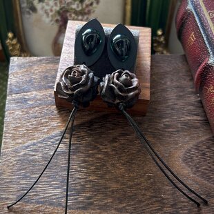 中古Monies风天然沉香木精雕玫瑰花珠手工耳环个性大耳饰925银针