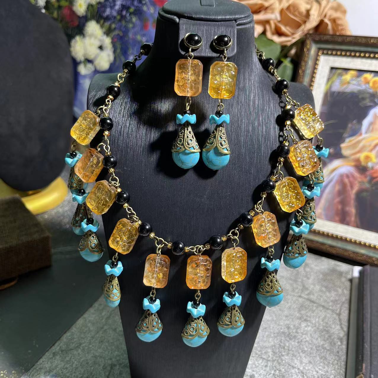 欧美外贸饰品波西米亚中古风法式复古松石琉璃珠中长款项链毛衣链