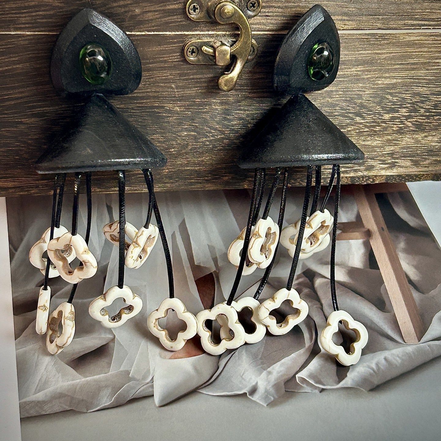 Monies风木质手工耳环白松石四叶草流苏复古夸张个性耳饰925银针