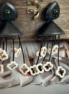 Monies风木质手工耳环白松石四叶草流苏复古夸张个性耳饰925银针