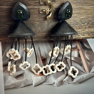 Monies风木质手工耳环白松石四叶草流苏复古夸张个性耳饰925银针