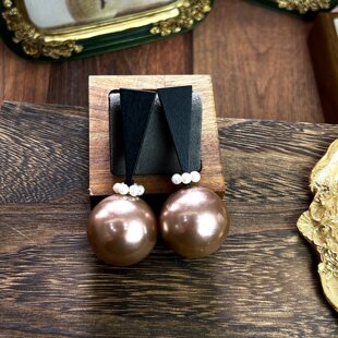 中古Monies风木质手工耳环天然珍珠跑环复古个性夸张耳饰925银针