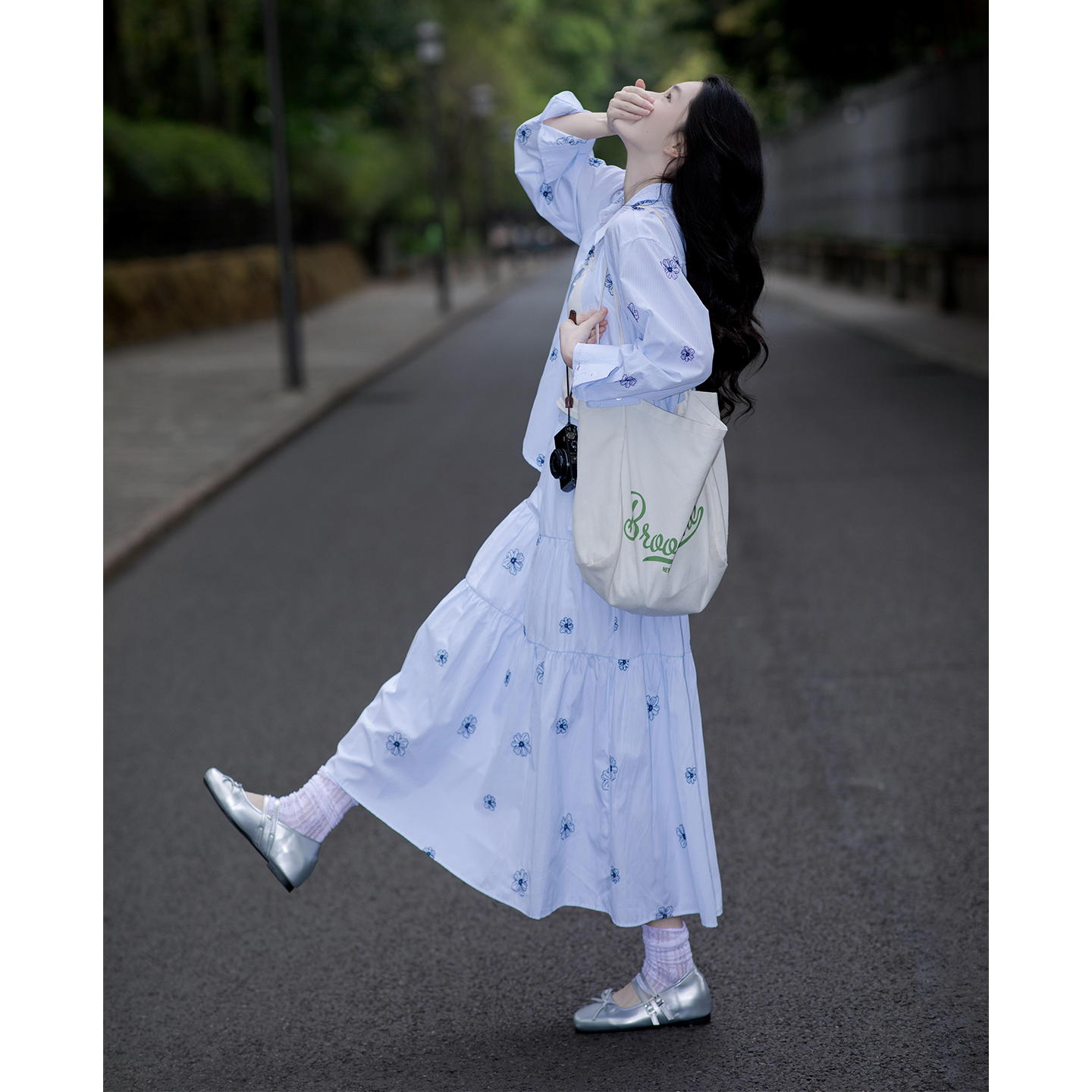 小清新田园风花朵刺绣衬衫套装裙