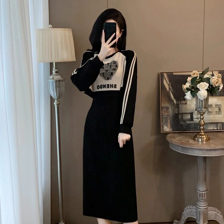 假两件卫衣连衣裙女春秋爆款时尚洋气显瘦遮肚中长款过膝休闲裙子