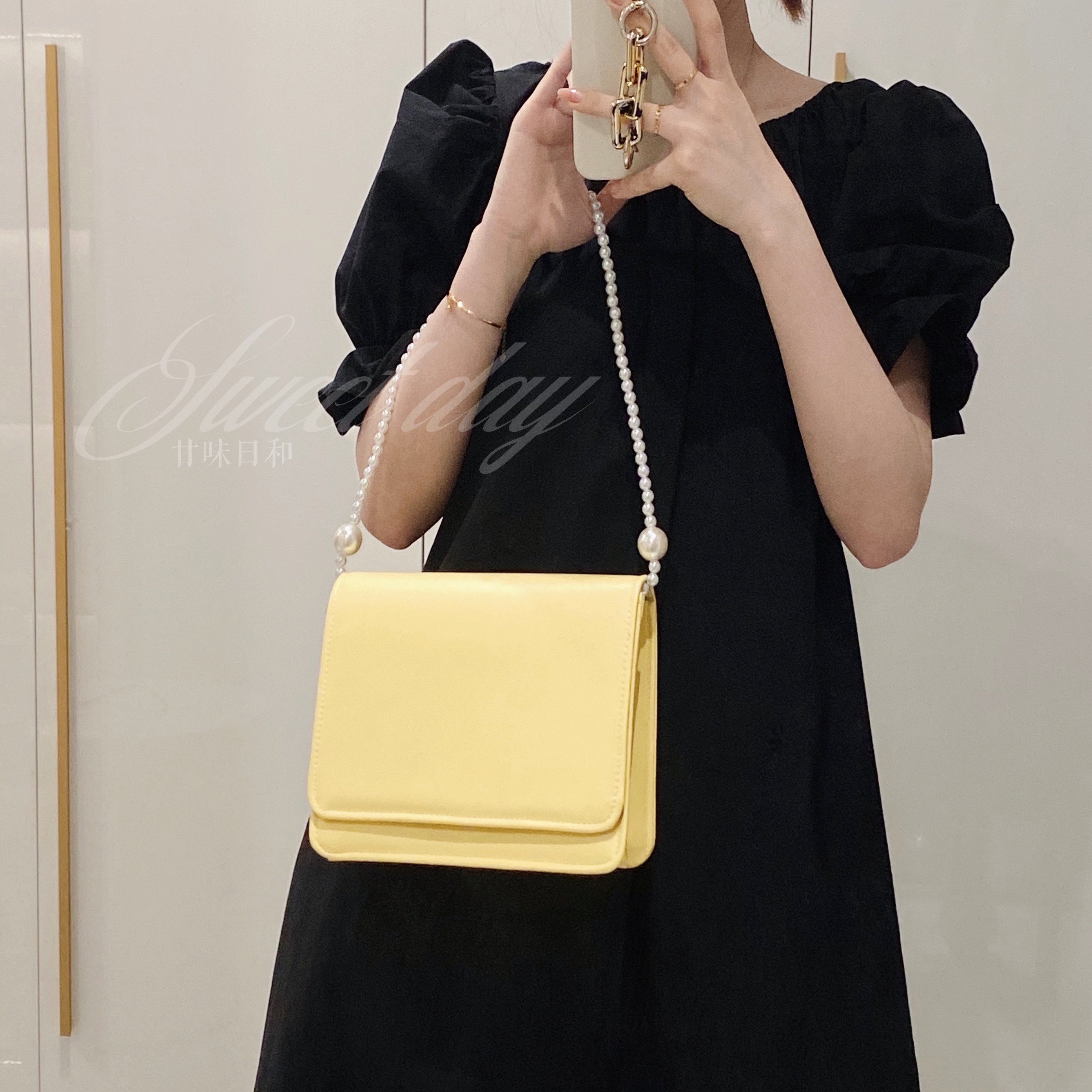 甘味日和自制马卡龙小方包简约百搭手提斜跨包透明珠珍珠链条包女