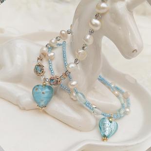 意大利穆拉诺天蓝色爱心琉璃珍珠手链 中古vintage老珠清新小众