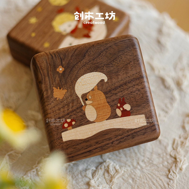 龙猫/小女孩/小王子便携首饰盒/黑胡桃木实木首饰品收纳生日礼物