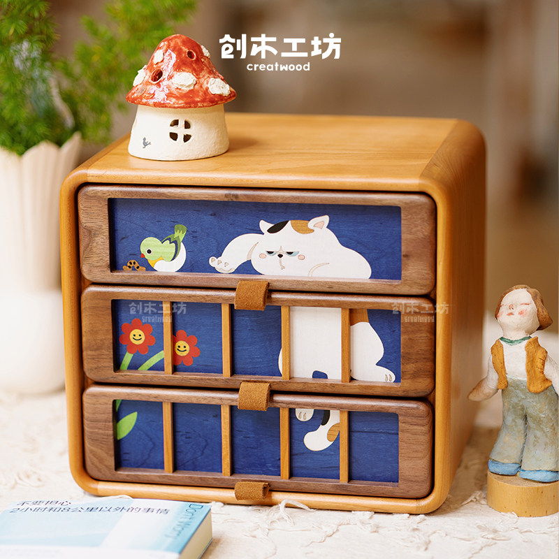 实木顽皮猫桌面三层收纳柜图片