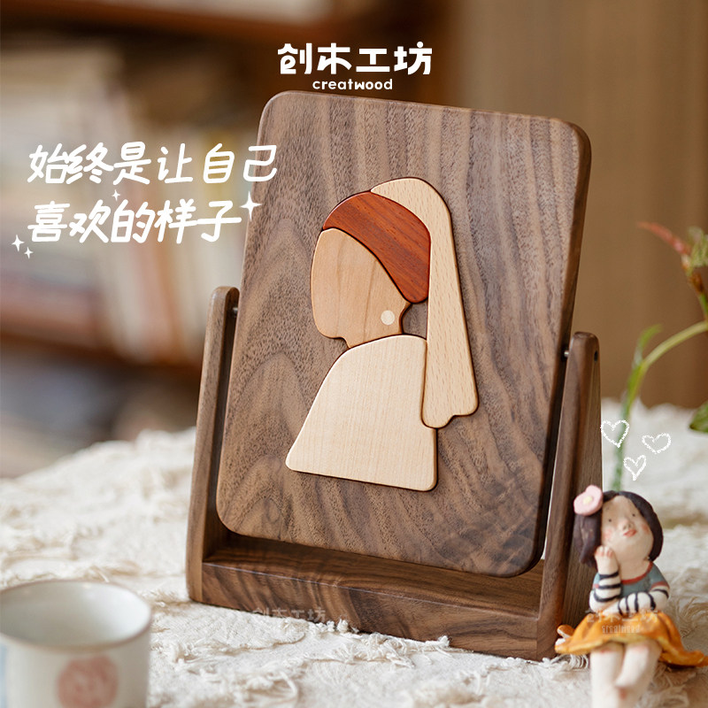 珍珠少女桌面梳妆镜/实木质可翻转化妆台镜子便携送女生七夕礼物
