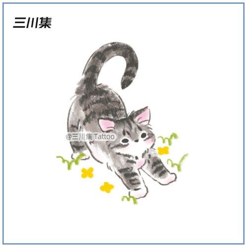 伸懒腰猫咪纹身贴 可爱小清新手绘风格手臂防水持久女 无毒 儿童