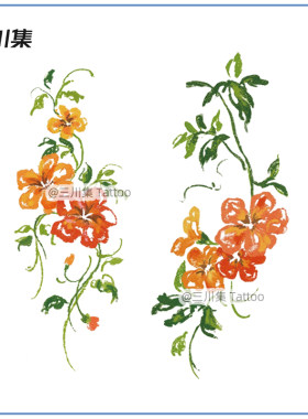 凌霄花纹身贴 小清新手绘风格橘色花朵 手臂防水持久女高级感贴纸