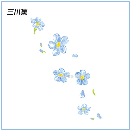 三川集手绘蓝色花朵纹身贴